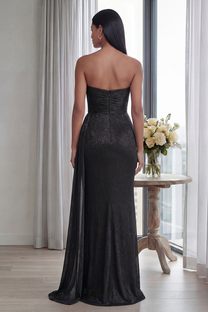Load image into Gallery viewer, Black Sweetheart Ruched Mermaid Long Formal Dress with Streamer