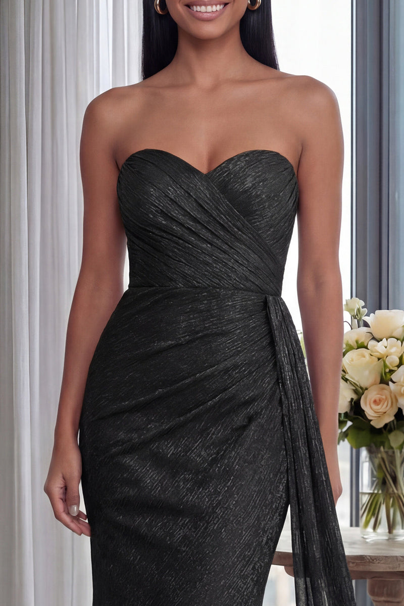 Load image into Gallery viewer, Black Sweetheart Ruched Mermaid Long Formal Dress with Streamer