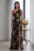 Load image into Gallery viewer, Gold A Line Pleated One Shoulder Long Formal Dress with Slit
