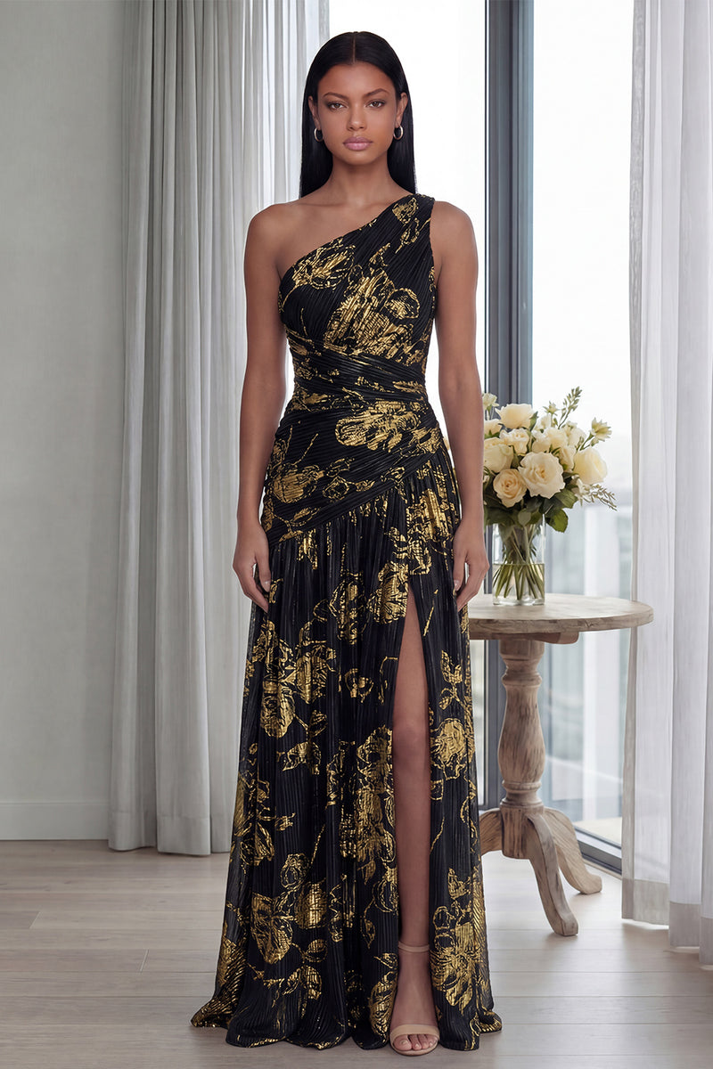 Load image into Gallery viewer, Gold A Line Pleated One Shoulder Long Formal Dress with Slit