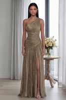 Load image into Gallery viewer, Gold A Line Pleated One Shoulder Long Formal Dress with Slit
