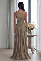 Load image into Gallery viewer, Gold A Line Pleated One Shoulder Long Formal Dress with Slit