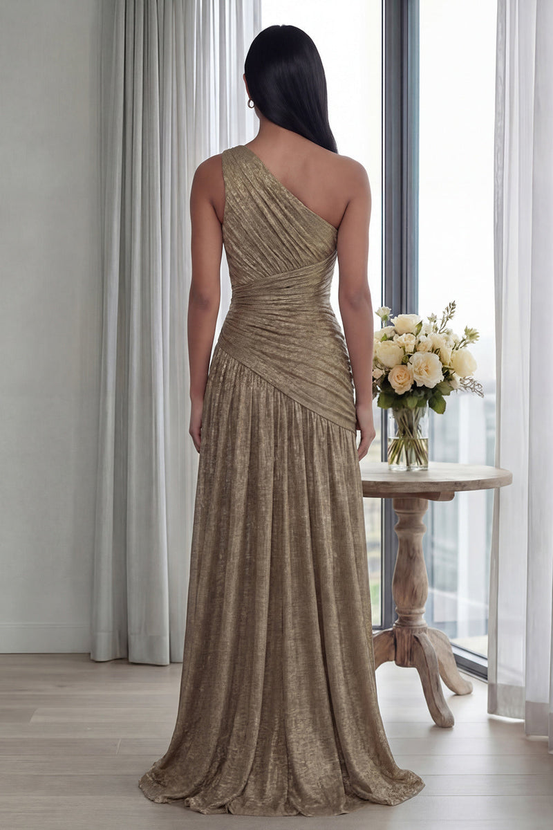 Load image into Gallery viewer, Gold A Line Pleated One Shoulder Long Formal Dress with Slit