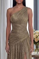 Load image into Gallery viewer, Gold A Line Pleated One Shoulder Long Formal Dress with Slit
