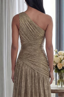Load image into Gallery viewer, Gold A Line Pleated One Shoulder Long Formal Dress with Slit