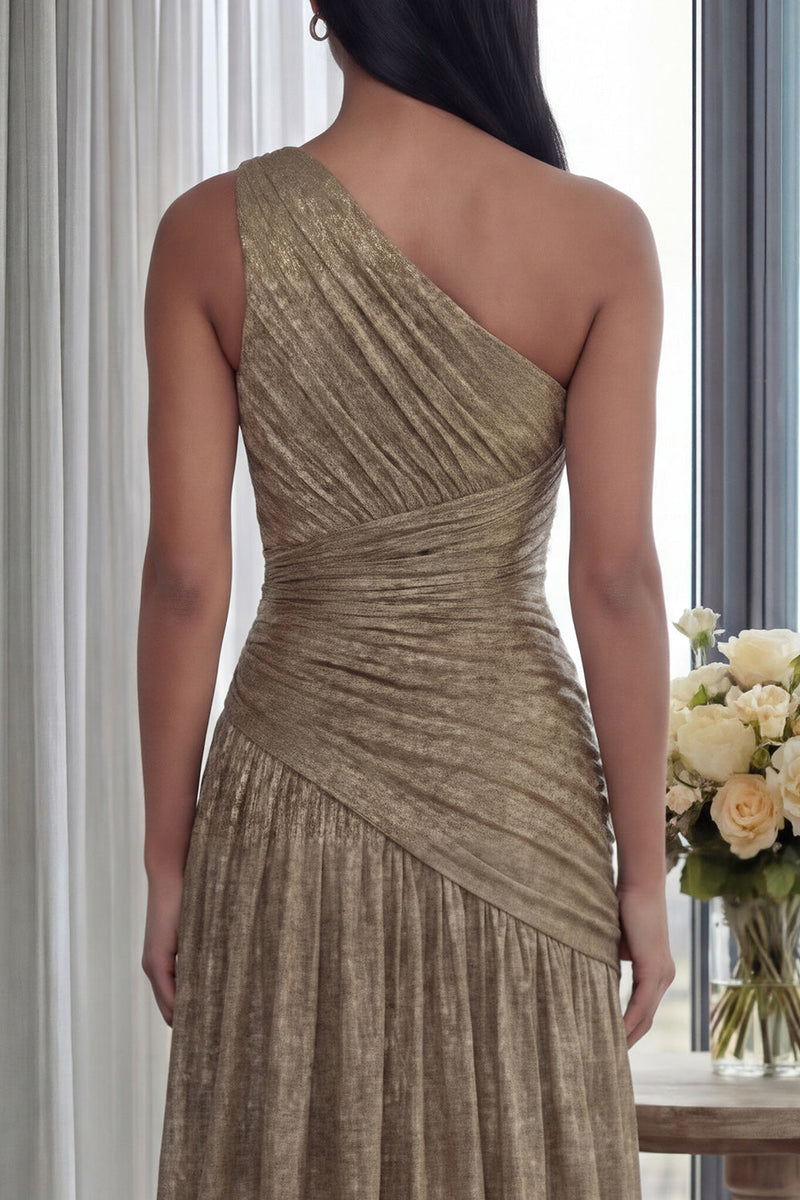 Load image into Gallery viewer, Gold A Line Pleated One Shoulder Long Formal Dress with Slit