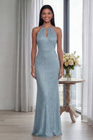 Load image into Gallery viewer, Glitter Sky Blue Keyhole Mermaid Halter Long Formal Dress