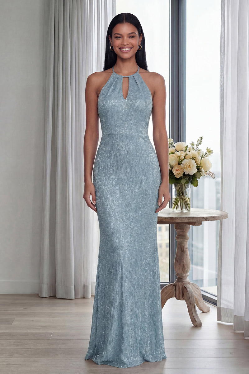 Load image into Gallery viewer, Glitter Sky Blue Keyhole Mermaid Halter Long Formal Dress