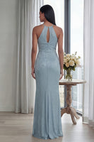 Load image into Gallery viewer, Glitter Sky Blue Keyhole Mermaid Halter Long Formal Dress