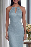 Load image into Gallery viewer, Glitter Sky Blue Keyhole Mermaid Halter Long Formal Dress