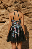 Load image into Gallery viewer, Sparkly Halter Black Beaded Floral Short Prom Dress with Embroidery