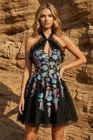 Load image into Gallery viewer, Sparkly Floral Halter Black Beaded Short Prom Dress with Embroidery