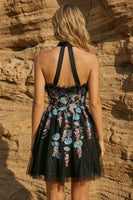 Load image into Gallery viewer, Sparkly Floral Halter Black Beaded Short Prom Dress with Embroidery