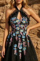 Load image into Gallery viewer, Sparkly Floral Halter Black Beaded Short Prom Dress with Embroidery