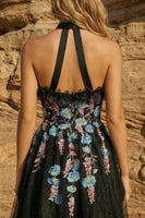 Load image into Gallery viewer, Sparkly Floral Halter Black Beaded Short Prom Dress with Embroidery