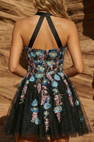Load image into Gallery viewer, Sparkly Beaded Floral Halter Black Short Prom Dress with Embroidery