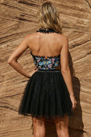 Load image into Gallery viewer, Sparkly Black Floral Beaded Corset Short Prom Dress with Embroidery