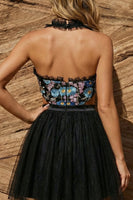 Load image into Gallery viewer, Sparkly Black Floral Beaded Corset Short Prom Dress with Embroidery