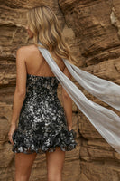 Load image into Gallery viewer, Sparkly Black Strapless Neck Scarf Ruffled Short Prom Dress