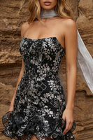 Load image into Gallery viewer, Sparkly Black Strapless Neck Scarf Ruffled Short Prom Dress