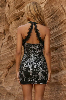 Sparkly Black Halter Floral Bodycon Ruffled Short Prom Dress