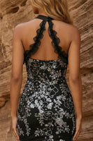 Load image into Gallery viewer, Sparkly Black Halter Floral Bodycon Ruffled Short Prom Dress