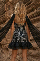 Load image into Gallery viewer, Sparkly Black Strapless Floral Ruffled Bodycon Neck Scarf Short Prom Dress