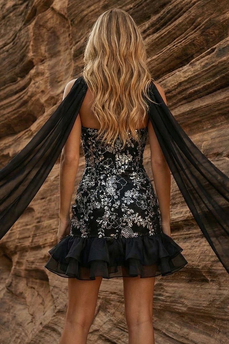 Load image into Gallery viewer, Sparkly Black Strapless Floral Ruffled Bodycon Neck Scarf Short Prom Dress