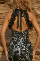 Load image into Gallery viewer, Sparkly Floral Black Halter Keyhole Ruffled Bodycon Short Prom Dress with Bow