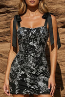 Load image into Gallery viewer, Sparkly Floral Black Square Neck Bodycon Short Prom Dress with Bow