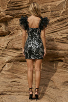 Load image into Gallery viewer, Sparkly Floral Black Square Neck Bodycon Ruffled Sleeves Short Prom Dress