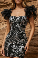 Load image into Gallery viewer, Sparkly Floral Black Square Neck Bodycon Ruffled Sleeves Short Prom Dress