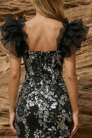 Load image into Gallery viewer, Sparkly Floral Black Square Neck Bodycon Ruffled Sleeves Short Prom Dress