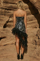 Load image into Gallery viewer, Sparkly Ruffled Black Floral Strapless Bodycon Short Prom Dress