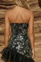 Load image into Gallery viewer, Sparkly Ruffled Black Floral Strapless Bodycon Short Prom Dress