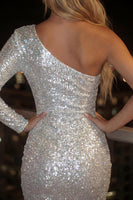 Load image into Gallery viewer, Sparkly Silver Sequins One Shoulder Bodycon Short Prom Dress