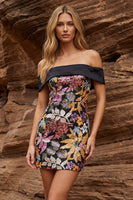 Load image into Gallery viewer, Floral Off the Shoulder Black Bodycon Jacquard Short Prom Dress