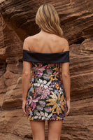 Load image into Gallery viewer, Floral Off the Shoulder Black Bodycon Jacquard Short Prom Dress