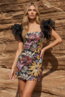 Load image into Gallery viewer, Floral Ruffled Sleeves Black Bodycon Jacquard Short Prom Dress