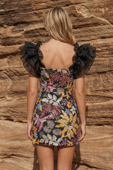 Floral Ruffled Sleeves Black Bodycon Jacquard Short Prom Dress
