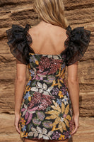 Load image into Gallery viewer, Floral Ruffled Sleeves Black Bodycon Jacquard Short Prom Dress