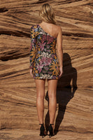 Load image into Gallery viewer, Black Floral One Shoulder Bodycon Long Sleeve Jacquard Short Prom Dress