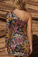 Load image into Gallery viewer, Black Floral One Shoulder Bodycon Long Sleeve Jacquard Short Prom Dress