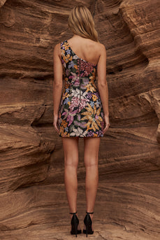 Black Bodycon Floral One Shoulder Jacquard Short Prom Dress