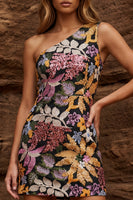 Load image into Gallery viewer, Black Bodycon Floral One Shoulder Jacquard Short Prom Dress