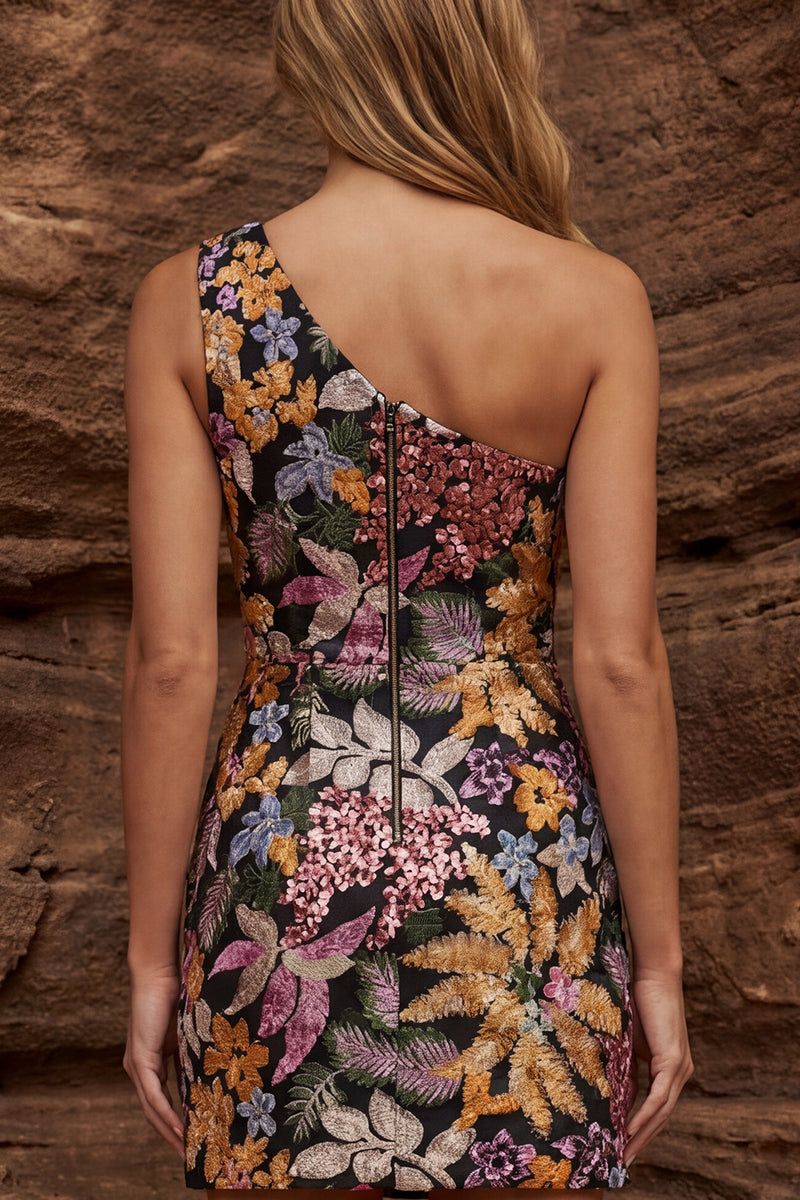 Load image into Gallery viewer, Black Bodycon Floral One Shoulder Jacquard Short Prom Dress