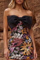 Load image into Gallery viewer, Black Bodycon Jacquard Floral Strapless Short Prom Dress with Detachable Bow