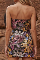 Load image into Gallery viewer, Black Bodycon Jacquard Floral Strapless Short Prom Dress with Detachable Bow
