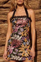 Load image into Gallery viewer, Jacquard Black Bodycon Floral Halter Ruffled Short Prom Dress
