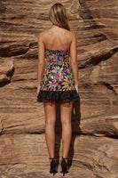 Load image into Gallery viewer, Floral Jacquard Black Bodycon Strapless Ruffled Short Prom Dress